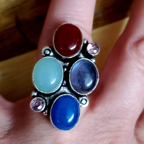 New Oversized Chalcedony, Iolite, Carnelian, Amethyst 925 Silver Ring. - Picture 1 of 12
